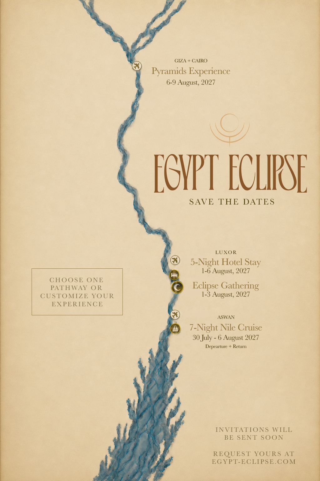 Egypt Eclipse route map showing the Nile from Lower Egypt through Cairo, Luxor, and Aswan to Lake Nasser