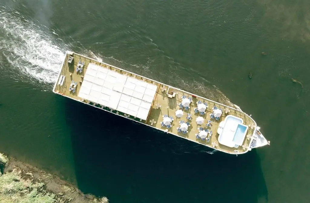 Aerial view of a private Nile boat with pool and sun deck